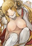  ahoge anila_(granblue_fantasy) bangs blonde_hair blunt_bangs breasts cleavage draph eyebrows_visible_through_hair gloves granblue_fantasy highres horns huge_breasts long_hair navel nipples nude pupps solo thighhighs very_long_hair white_gloves white_legwear yellow_eyes 