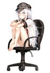  barefoot black_skirt blue_eyes chair eyebrows eyebrows_visible_through_hair feet_on_chair full_body hair_between_eyes hat hibiki_(kantai_collection) highres kantai_collection long_hair looking_at_viewer office_chair pen school_uniform shoes_removed short_sleeves silver_hair simple_background sitting skirt solo somalisu swivel_chair white_background 