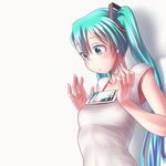  aqua_eyes aqua_hair aqua_nails bangs breast_conscious breasts cellphone collarbone covered_nipples earrings fingernails from_side hair_ornament hands_up hatsune_miku jewelry light_frown long_hair looking_down meme nail_polish phone see-through shirt sleeveless small_breasts smartphone solo stud_earrings tank_top tawawa_challenge twintails vocaloid white_background white_shirt wokada 
