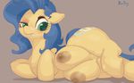  2016 blue_hair bluedrg19 cutie_mark earth_pony equine fan_character female feral freckles hair hooves horse lying mammal milky_way_(character) my_little_pony pony simple_background solo teats 