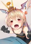 :o absurdres aritsuno bad_id bad_pixiv_id bat_wings black_dress black_gloves blonde_hair blush breasts claw_pose collarbone crown dress eyebrows eyebrows_visible_through_hair eyelashes facepaint fangs frilled_sleeves frills gloves granblue_fantasy hair_between_eyes halloween hands head_wings highres jack-o'-lantern jewelry light_particles long_hair looking_at_viewer open_mouth out_of_frame palms pointy_ears red_eyes red_wings ring saliva shingeki_no_bahamut short_dress sleeveless sleeveless_dress small_breasts solo_focus sphere tongue vampy wing_ornament wings 