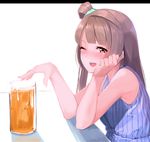  arm_support brown_eyes brown_hair cup drinking_glass ginopi highres long_hair looking_at_viewer love_live! love_live!_school_idol_project minami_kotori one_eye_closed one_side_up open_mouth smile solo 