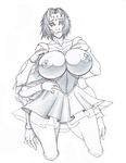  alien autumm_airwave big_breasts breasts clothing dress female huge_breasts humanoid kneeling looking_at_viewer monochrome smile solo thick_thighs 