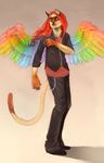  2010 5_fingers anthro black_coat black_jeans brown_fur cat clothing coat digital_media_(artwork) digital_painting_(artwork) ear_piercing feathers feline footwear fur hair jeans long_hair long_tail looking_back male mammal multicolored_feathers multicolored_fur pants piercing rainbow_wings red_hair shaded shoes simple_background sledge soft_shading solo spread_wings standing tan_background tan_fur theowlette two_tone_fur wings yellow_eyes 