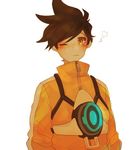 alternate_costume blush brown_eyes brown_hair closed_mouth freckles harness high_collar jacket long_sleeves looking_at_viewer one_eye_closed orange_jacket overwatch perio_67 short_hair simple_background solo spiked_hair strap tracer_(overwatch) upper_body white_background zipper 