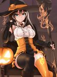  alternate_costume bare_shoulders black_gloves black_hair black_legwear breasts capelet center_frills closed_mouth commentary corset elbow_gloves fingerless_gloves gloves green_eyes hat highres holding holding_wand idolmaster idolmaster_cinderella_girls long_hair looking_at_viewer medium_breasts pumpkin shibuya_rin shunichi sitting solo thighhighs wand witch_hat yellow_legwear zettai_ryouiki 