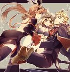  2girls berserker_(granblue_fantasy) blonde_hair carrying commentary_request djeeta_(granblue_fantasy) granblue_fantasy long_hair multiple_girls nozomu144 princess_carry sandwiched siete song_(granblue_fantasy) wolf_pelt 