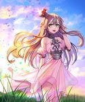  absurdres armlet bad_id bad_pixiv_id blonde_hair blue_sky braid cloud day doyoom dress grass green_eyes hairband halterneck highres long_hair motion_blur open_mouth original outdoors pink_dress shiny sky smile solo sunlight sunset 