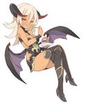  birthday blade_(galaxist) blonde_hair blush boots breasts cleavage cleavage_cutout crossed_legs cupcake dark_elf dark_skin demon_girl demon_horns demon_wings dress earrings eating elf fake_horns fake_wings food fork full_body holding horns invisible_chair jenna_kirsty jewelry long_hair medium_breasts official_art open_clothes orange_eyes plate pointy_ears pop-up_story short_dress simple_background sitting solo spoon thigh_boots thighhighs white_background wings 