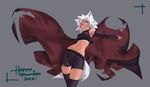  animal_ears armpits cape deel_(rkeg) fang fingerless_gloves gloves halloween happy_halloween highres marinya md5_mismatch midriff navel original red_eyes short_hair shorts smile solo tail thighhighs torn_clothes white_hair 