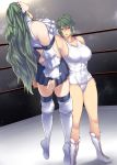  2girls adapted_costume asphyxiation blue_skirt boots breasts choking cleavage collarbone collared_shirt detached_sleeves eyebrows_visible_through_hair full_body green_eyes green_hair grey_background grin hair_between_eyes hair_ornament hair_tubes highres holding kazami_yuuka knee_pads kochiya_sanae large_breasts long_hair midriff miniskirt multiple_girls muscle muscular_female red_eyes rope ryona saliva school_swimsuit shadow shirt short_hair skirt sleeveless sleeveless_shirt smile stadium strangling sweat swimsuit tobisawa touhou white_footwear white_school_swimsuit white_shirt white_swimsuit wide_sleeves wrestling wrestling_outfit wrestling_ring 