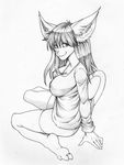  5_fingers anthro autumm_airwave big_breasts big_ears breasts cleavage clothed clothing feline female fur hair inner_ear_fluff kneeling looking_at_viewer mammal monochrome shirt simple_background smile solo white_background 