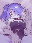  1girl bare_shoulders bed blue_skin breasts detached_collar detached_sleeves female hair_over_one_eye monster_girl red_eyes side_ponytail skullgirls squigly_(skullgirls) stitched_mouth stitches 