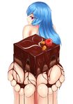  almond back barefoot blue_hair blush cake chocolate chocolate_cake damao_yu eyebrows_visible_through_hair feet feet_together food food_on_body food_on_toes from_behind fruit highres hinanawi_tenshi long_hair looking_at_viewer looking_back naughty_face nude raspberry red_eyes slice_of_cake smile smirk soles solo toes touhou very_long_hair 