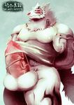  abs anthro balls biceps big_balls big_muscles big_penis blush bulge canine clothing erection fur furry_tail glans hatake hyper hyper_penis male mammal mostly_nude muscular pecs penis quads red_eyes shirt solo sweat white_fur wolf 