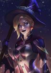  absurdres alternate_costume black_lipstick blonde_hair blue_eyes breasts broom cleavage dark_background earrings eyeshadow food_themed_earrings glitter hat highres jewelry june_jenssen lipstick looking_at_viewer makeup medium_breasts mercy_(overwatch) overwatch pumpkin_earrings smile solo upper_body witch witch_hat witch_mercy 