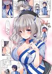  1girl blush bra bra_slip breasts cleavage come_hither comic employee_uniform fujisaki_hikari hand_on_own_chest hat heart highres id_card kantai_collection kashima_(kantai_collection) large_breasts lawson looking_at_viewer name_tag naughty_face seductive_smile silver_hair smile spoken_heart store_clerk sweat translated tsurime twintails underwear undressing uniform unzipping wavy_hair whispering white_bra 