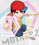  backpack bag baseball_bat black_hair cocolo_(co_co_lo) copyright_name hat male_focus mother_(game) mother_2 ness purple_hair shirt shoes shorts sneakers solo striped striped_shirt 