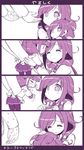  2girls 4koma ^_^ admiral_(kantai_collection) ahoge akari_ryuryuwa apron closed_eyes comic commentary_request crying eyebrows eyebrows_visible_through_hair hair_flaps hand_on_another's_head highres holding kantai_collection long_sleeves low_twintails monochrome mother_and_daughter multiple_girls pantyhose petting school_uniform serafuku smile sweatdrop taigei_(kantai_collection) translated twintails younger 