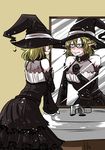  bare_shoulders belt bespectacled black_dress blonde_hair blush breasts cleavage commentary_request dress elbow_gloves glasses gloves green_eyes half_updo halloween hat highres large_breasts mizuhashi_parsee pointy_ears sei_no_ji solo touhou wavy_mouth witch witch_hat 