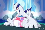  2016 ageplay ambiguous_gender blush diaper feral legendary_pok&eacute;mon looking_at_viewer lugia nintendo open_mouth pok&eacute;mon red_eyes shambles sitting solo video_games water waterfall watermark wings 