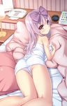 3.1-tan absurdres aoi_kumiko ass bare_legs bare_shoulders bed bed_sheet blush bow from_above hair_bow highres hotel_room indoors long_hair looking_at_viewer looking_back looking_up love_hotel lying on_bed on_stomach os-tan panties pillow purple_eyes purple_hair ribbon smile solo towel underwear white_panties 