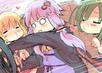  blonde_hair car green_hair headband heart kiss long_hair petenshi_(dr._vermilion) purple_hair touhoku_zunko tsurumaki_maki twintails voiceroid yuzuki_yukari 