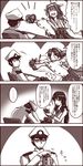  1boy 3girls admiral_(kantai_collection) box chocolate comic commentary_request detached_sleeves hairband hat headgear heart heart-shaped_box hiei_(kantai_collection) highres homura_(silver_blaze) isokaze_(kantai_collection) kantai_collection kongou_(kantai_collection) military military_uniform monochrome multiple_girls naval_uniform nontraditional_miko peaked_cap ribbon-trimmed_sleeves ribbon_trim sepia spoken_ellipsis spot_color translated uniform valentine 