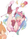  1girl @_@ animal_ears banana_peel blade_(galaxist) blue_hair blush boots brown_hair cat_ears elbow_gloves eve_ainsworth eyebrows forked_eyebrows full_body gloves green_eyes green_hair hairband implied_pantyshot long_hair magical_girl multicolored_hair open_mouth pop-up_story selim_spark skirt staff sweatdrop tears white_background 