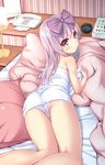 3.1-tan aoi_kumiko ass bare_legs bare_shoulders bed bed_sheet blush bow commentary_request from_above hair_bow highres hotel_room indoors long_hair looking_at_viewer looking_back looking_up love_hotel lying on_bed on_stomach os-tan panties pillow purple_eyes purple_hair ribbon smile solo towel underwear white_panties 