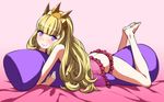  ass bangs barefoot blonde_hair blunt_bangs blush butt_crack cagliostro_(granblue_fantasy) camisole crown curly_hair feet_up frilled_panties frills granblue_fantasy highres hug long_hair looking_at_viewer lying on_stomach panties pillow pillow_hug pink_panties purple_eyes shirihime smile solo underwear underwear_only 