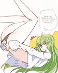  1girl ahoge ass bangs bare_legs black_panties bottomless c.c. cheese-kun code_geass creayus green_hair hard_translated kneepits legs legs_up long_hair long_sleeves looking_at_viewer lying on_back panties panty_pull shirt solo speech_bubble talking tareme text thighs top-down_bottom-up translated underwear white_background white_shirt yellow_eyes 