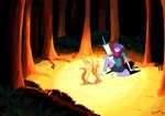  2016 anthro campfire cat clothed clothing detailed_background digital_media_(artwork) feline female fire forest fur grass hair hi_res kemono kenomaeon mammal melee_weapon multicolored_fur nature night outside pink_eyes purple_fur purple_hair scarf scenery sesame_akane sitting solo sword tree two_tone_fur uberquest weapon 