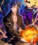  animal_ears bat black_gloves black_hair collar cross earrings eyepatch full_moon gloves halloween highres jack-o'-lantern jewelry male_focus miyata_mozuku moon open_mouth shokudaikiri_mitsutada sky smile star_(sky) starry_sky stud_earrings tail touken_ranbu tree wolf_ears wolf_tail yellow_eyes 