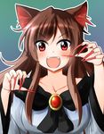  animal_ears blush breasts brooch brown_hair collarbone dress fangs fingernails gradient gradient_background highres imaizumi_kagerou jewelry large_breasts long_fingernails long_sleeves looking_at_viewer nail_polish open_mouth oshiaki red_eyes red_nails solo touhou wide_sleeves wolf_ears 