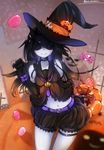  belt black_gloves black_hair candy collar collarbone elbow_gloves food gloves halloween hat horns jack-o'-lantern kantai_collection light_cruiser_hime lollipop long_hair looking_at_viewer mask midriff mochitsu_jou navel pale_skin shinkaisei-kan shorts smile solo thigh_strap witch_hat 