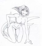  all_fours anthro areola armpits autumm_airwave breasts featureless_crotch female fish looking_at_viewer marine monochrome nipples nude shark smile solo thick_thighs 