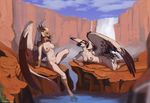  2016 anthro avian beak bird black_feathers breasts brown_feathers claws digital_media_(artwork) dragon eastern_dragon eva_(ozawk) eye_contact eyewear feathered_wings feathers female goggles horn hybrid long_tail lying nature navel nipples nude on_side osprey outside ozawk pussy reclining signature sitting smile spotted_feathers tail_feathers talons totesfleisch8 vulture water waterfall whiskers white_feathers wings 