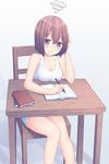  blush book breasts brown_hair chair cleavage confused highres homework kawami_nami mechanical_pencil medium_breasts original pencil purple_eyes short_hair solo table tank_top 