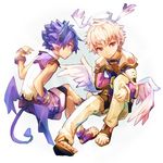  angel angel_and_devil angel_wings blue_hair blush demon_boy demon_tail demon_wings feet from_behind full_body geetgeet halo horns looking_at_viewer looking_back low_wings luke_venus male_focus mini_wings multiple_boys pointy_ears pop-up_story purple_eyes sandals school_uniform smile st._feles_gakuen_uniform tail white_background white_hair wings wrist_cuffs ziz_glover 