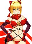  alternate_color animal_ears bare_shoulders breasts cleavage cosplay dangerous_beast elbow_gloves fate/extra fate/grand_order fate_(series) gloves green_eyes halloween_costume hands_on_hips highres mash_kyrielight mash_kyrielight_(cosplay) medium_breasts navel nero_claudius_(fate) nero_claudius_(fate)_(all) nirai_kanai simple_background solo white_background wolf_ears 