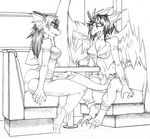 anthro autumm_airwave clothed clothing dickgirl dickgirl/dickgirl dragon duo erection feathered_wings feathers horn inside intersex intersex/intersex knot monochrome open_mouth penis sex sitting tail_sex tailjob tapering_penis wings 