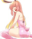  :d ^_^ animal_ears boots borrowed_character bunny_ears bunnysuit closed_eyes commentary fate/grand_order fate_(series) highres long_hair moriyama_ei multicolored_hair open_mouth original pink_hair pink_legwear riyo_servant_(bunnygirl) sitting smile solo thigh_boots thighhighs two-tone_hair wariza 
