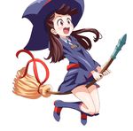  :d amida_desuyo belt blue_footwear blue_robe blue_shirt blue_skirt blush boots broom broom_riding brown_hair collared_shirt commentary_request green_ribbon happy hat hat_ribbon kagari_atsuko little_witch_academia long_hair long_sleeves neck_ribbon open_mouth red_belt red_eyes red_ribbon red_stripes ribbon shirt simple_background skirt smile solo striped teeth white_background wide_sleeves witch_hat 
