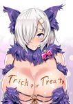  animal_ears blue_eyes breasts cleavage cosplay dangerous_beast fang fang_out fate/grand_order fate_(series) hair_ornament hair_over_one_eye hairclip halloween halloween_costume hamakaze_(kantai_collection) highres huge_breasts kantai_collection look-alike looking_at_viewer mash_kyrielight mash_kyrielight_(cosplay) sankakusui scarf short_hair silver_hair simple_background solo trick_or_treat wolf_ears 