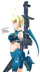  ahoge armor artist_name blonde_hair earrings elbow_gloves gloves gun gundam gundam_0080 jewelry kampfer_(mobile_suit) mecha mecha_musume midriff navel profile red_eyes simple_background solo weapon white_background yoshizaki_mine 