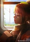  artist_name bag blue_sky closed_eyes closed_mouth copyright_name day eyelashes from_side glasses ground_vehicle lens_flare lips magion02 ms.assistant nose original power_lines profile round_eyewear sky solo sunlight sweater telephone_pole train_interior 