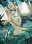  2016 5_fingers anthro areola armpits bathing black_nose blonde_hair blue_eyes canine detailed_background dog eyelashes forest fumiko fur green_eyes hair heterochromia inner_ear_fluff jewelry kneeling looking_at_viewer male mammal necklace nipples nude partially_submerged raised_arm side_view solo tay_mizami tree water wet yellow_fur 