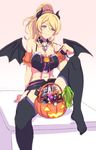  &gt;:) ayase_eli basket bat_wings between_legs blonde_hair blue_eyes breasts candy cleavage crop_top cross-laced_clothes demon_horns detached_collar detached_sleeves fake_horns flogger food garter_straps hair_between_eyes halloween halloween_basket horns jack-o'-lantern large_breasts leg_up looking_at_viewer love_live! love_live!_school_idol_festival love_live!_school_idol_project microskirt midriff navel neck_ribbon othel_(hatimorris) pink_background pink_ribbon pink_scrunchie ponytail puffy_short_sleeves puffy_sleeves ribbon scrunchie short_sleeves sitting skirt smile solo spread_legs strap_pull thighhighs toes v-shaped_eyebrows wings 