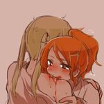 aquila_(kantai_collection) biting blonde_hair blood brown_eyes commentary_request graf_zeppelin_(kantai_collection) hair_ornament hairclip high_ponytail kantai_collection licking lowres multiple_girls orange_hair rebecca_(keinelove) sweat tongue twintails vampire yuri 